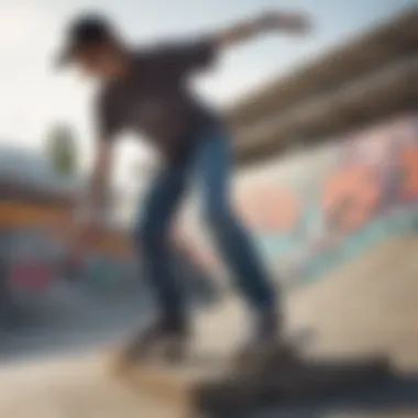 An urban skate park scene highlighting the functional aspects of baggy pants during a session.