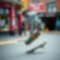 Skateboarder performing a trick in a vibrant street setting