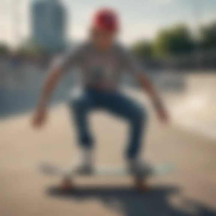 A skateboarder wearing a unique graphic t-shirt, symbolizing individuality