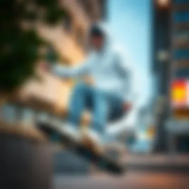 A skateboarder wearing a white hoodie while performing a trick in an urban setting