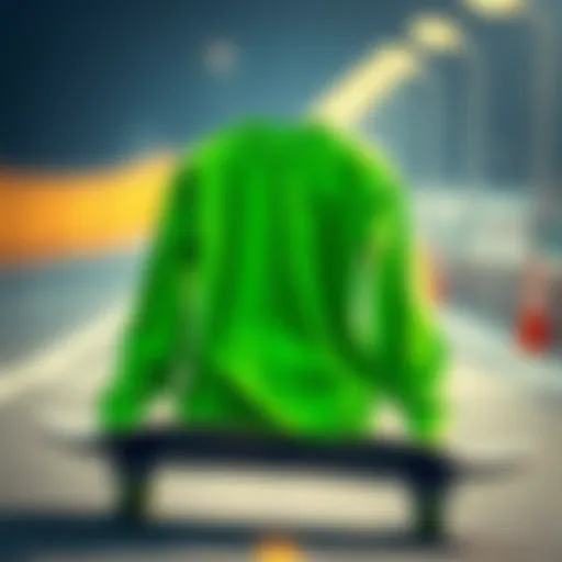 A vibrant green long sleeve tee shirt displayed on a skateboard