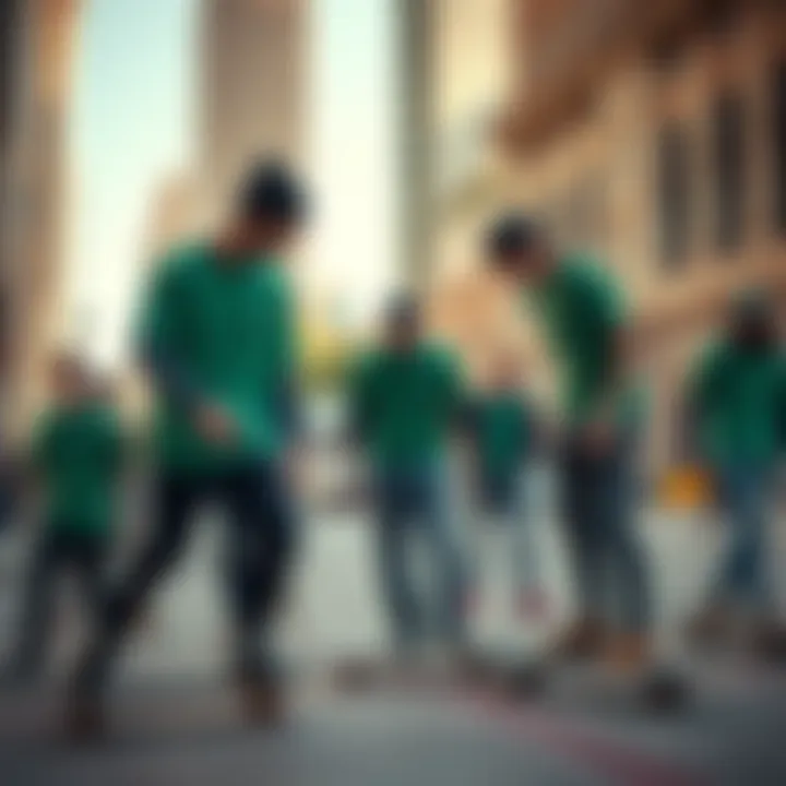 Group of skaters wearing green long sleeve tee shirts in an urban setting