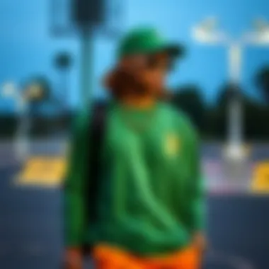 Stylish outfit featuring a green long sleeve tee shirt paired with accessories