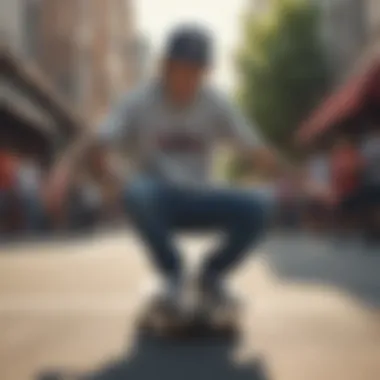 A vibrant skateboarding scene featuring individuals wearing diamond t-shirts