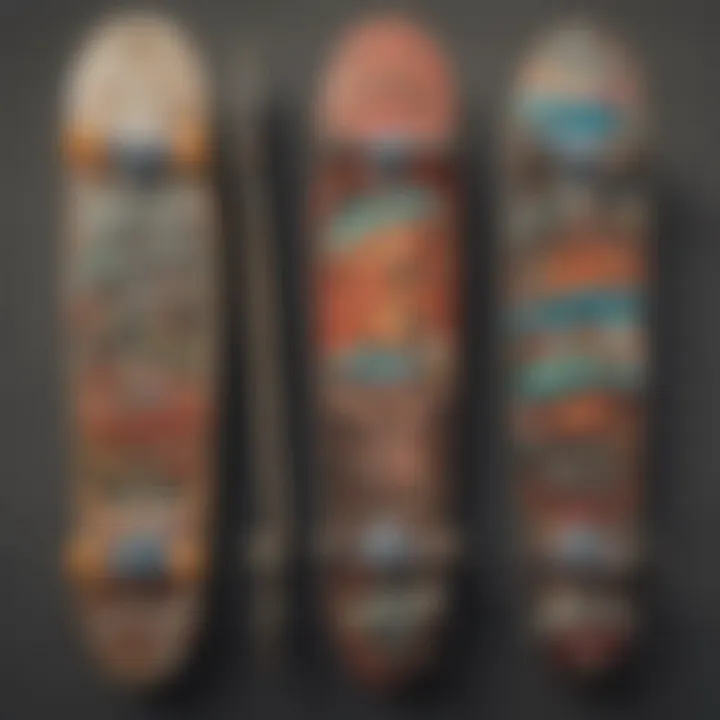 An artistic representation of skateboard graphics reflecting the evolution of the sport.