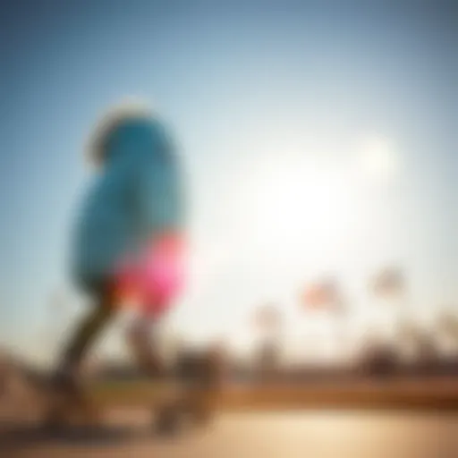 Light blue cropped puffer jacket on a skateboard