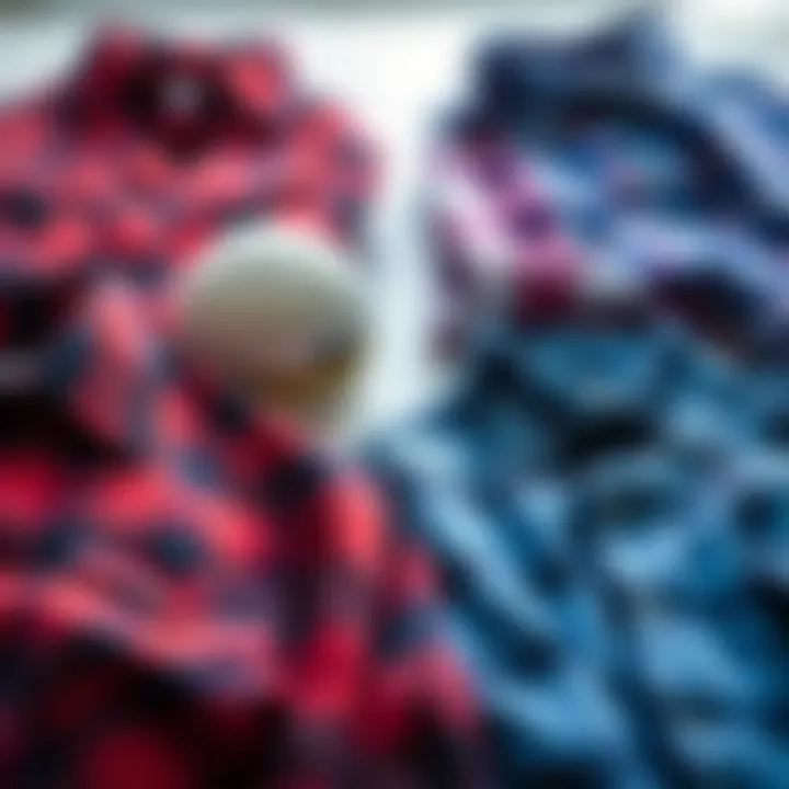 An artistic arrangement of red and blue flannel shirts with cultural symbols.
