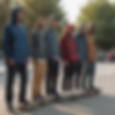 A group of skateboarders wearing hooded flannel in an urban skate park.