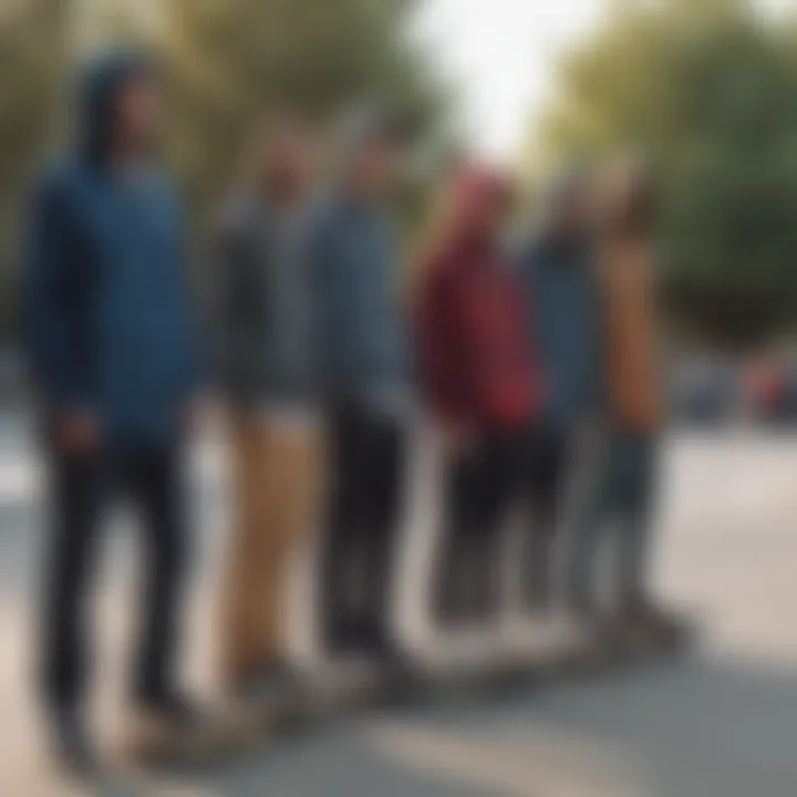 A group of skateboarders wearing hooded flannel in an urban skate park.