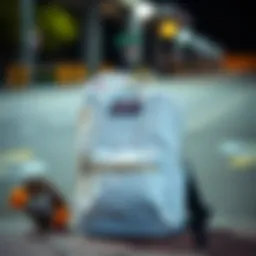 A stylish white Jansport backpack resting against a skateboard