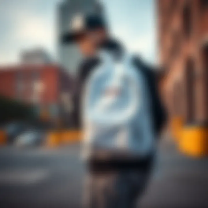 Person showcasing the white Jansport backpack in an urban setting