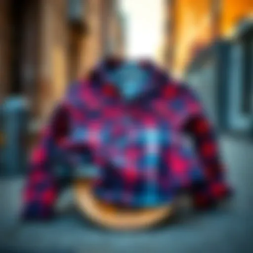 A stylish red and blue flannel shirt draped over a skateboard in an urban setting.