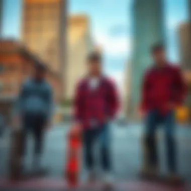 A group of skateboarders wearing red and blue flannel in a vibrant cityscape.