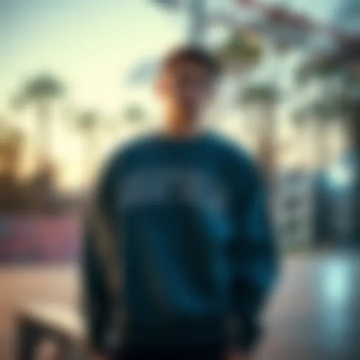 Stylish crewneck sweatshirts displayed in a vibrant skate park setting, illustrating urban culture.