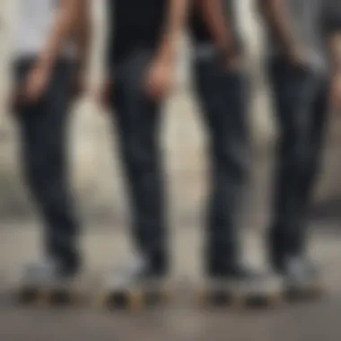 Group of skaters showcasing their black acid wash jeans