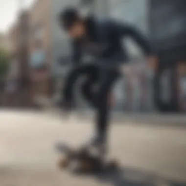 An urban setting with a skater performing tricks in black acid wash jeans