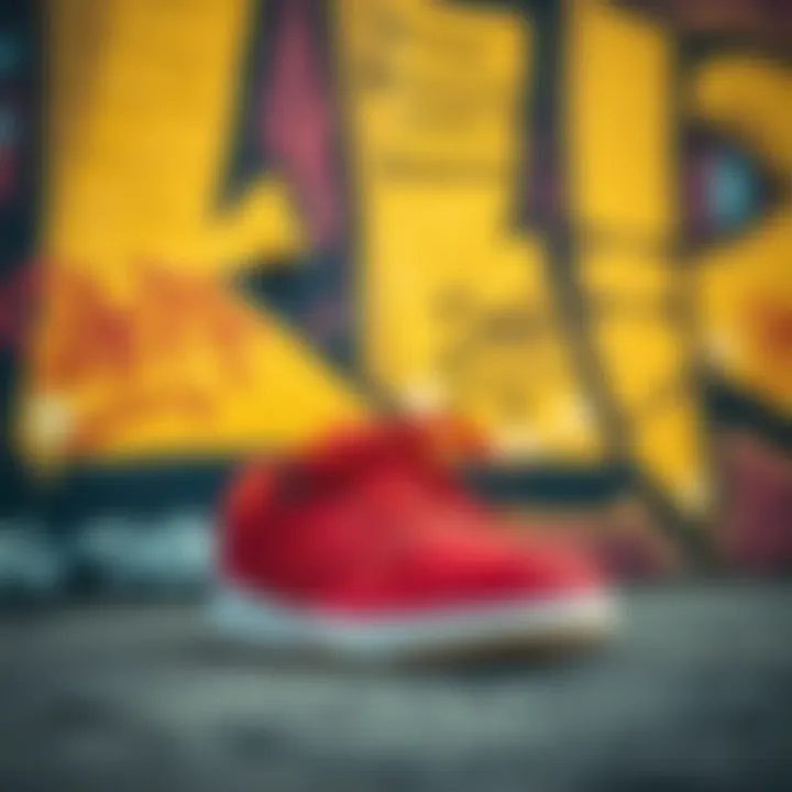 Bold Red Skate Shoes Against Urban Art Striking red skate shoes showcased against a graffiti backdrop.