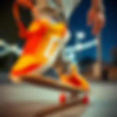 Skater Performing Tricks in Colorful Footwear A skater performing tricks wearing vivid yellow and red shoes.