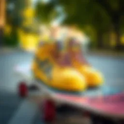 A vibrant pair of yellow skate shoes with a stylish design placed on a skateboard.