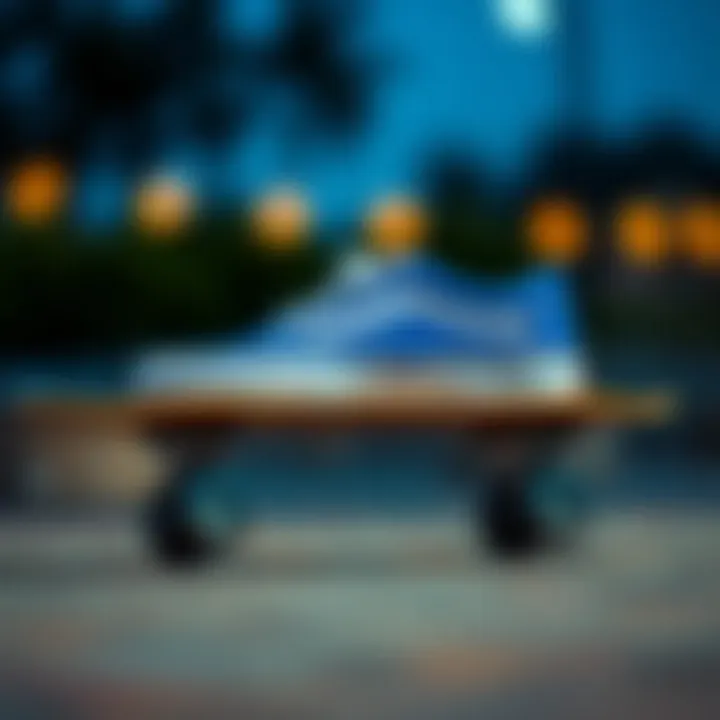 Classic blue low top Vans on a skateboard