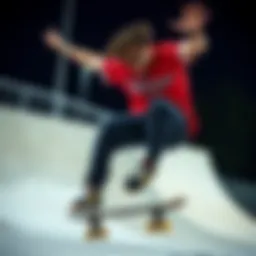 A skater performing tricks in champion wear, showcasing style and skill.