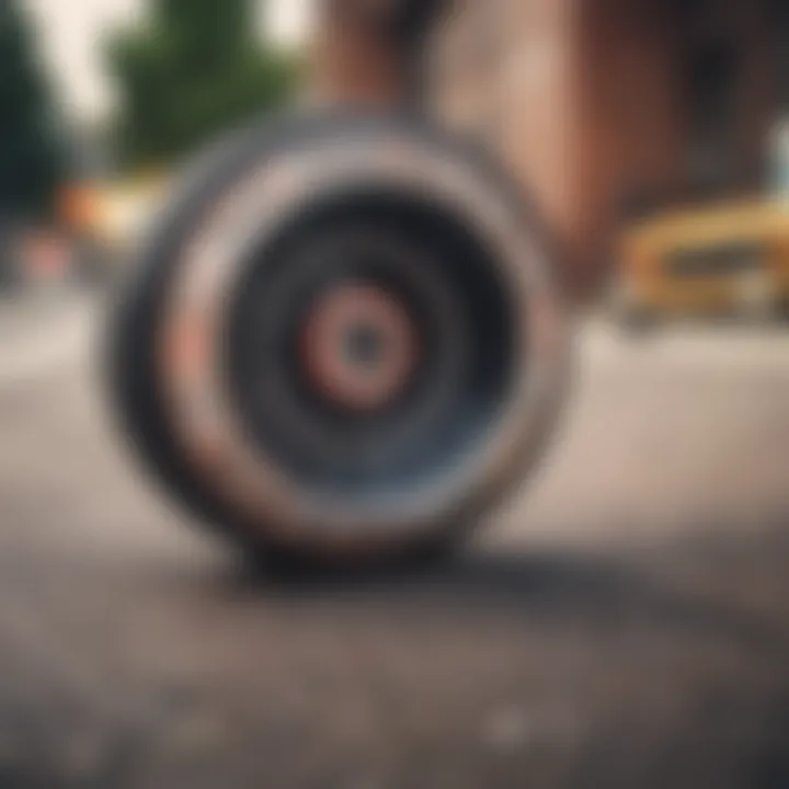 Close-up of skateboard wheels on a ramp