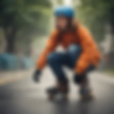 A beginner skater practicing safety features and gear.