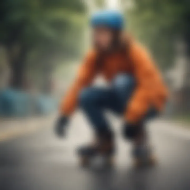 A beginner skater practicing safety features and gear.