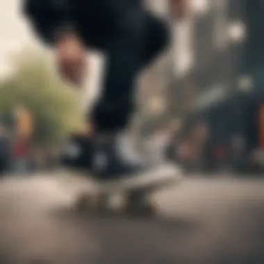 A skater performing tricks while wearing Converse black sneakers.