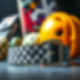 A close-up of a black and white checkered belt with skateboard gear in the background