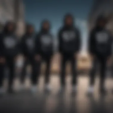 Group of skaters wearing black thin hoodies, expressing individuality through style.