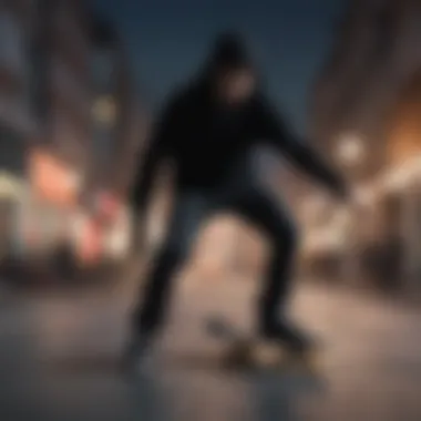 A skater showcasing a black thin hoodie during a street skate session.