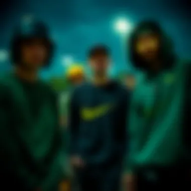 Group of skateboarders wearing dark green Nike crew necks, embodying skate culture