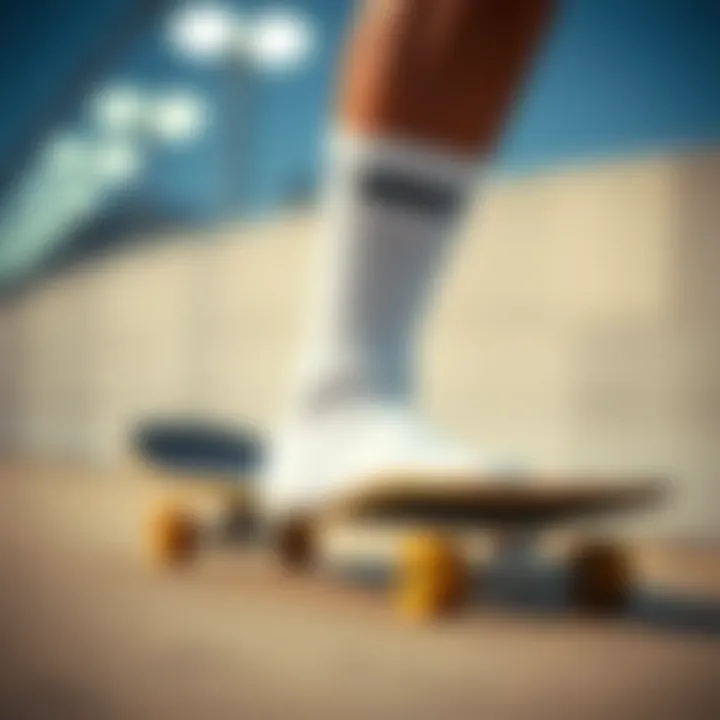 Stylish white Nike tube socks on a skateboard