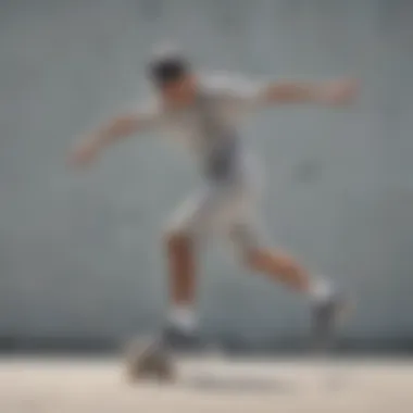 A skateboarder performing a trick wearing light grey Nike shorts.