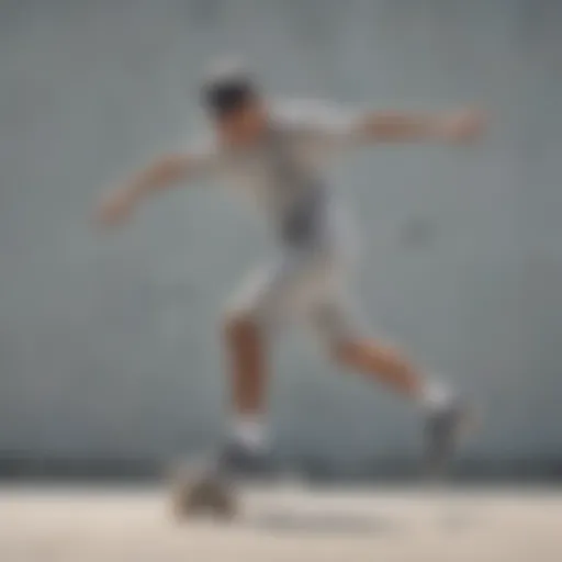 A skateboarder performing a trick wearing light grey Nike shorts.