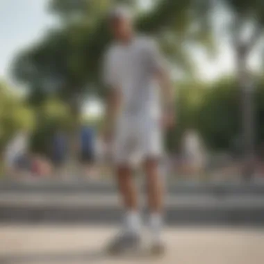 Skaters relaxing at a park wearing light grey Nike shorts.