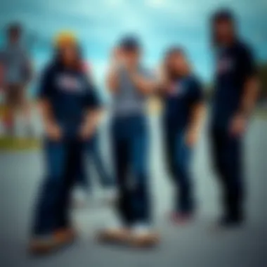 Group of skateboarders wearing navy blue Dickies pants