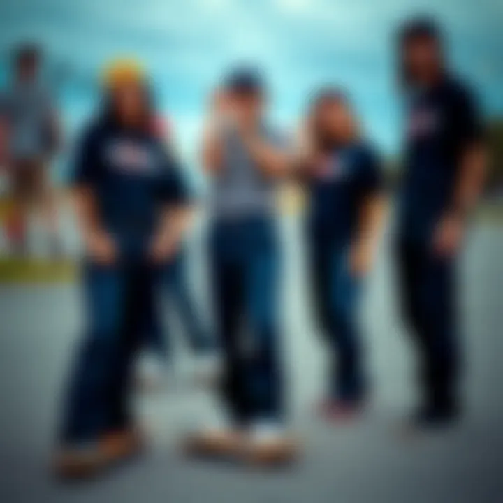 Group of skateboarders wearing navy blue Dickies pants
