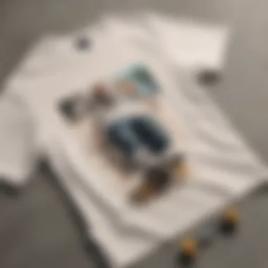 Neutral T-Shirt on Skateboard: A Perfect Match A close-up of a neutral t-shirt draped over a skateboard