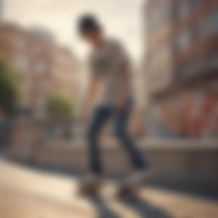 A stylish skater wearing a neutral t-shirt in an urban setting