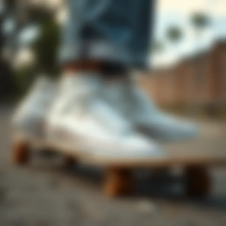 Vintage White Sneakers and Skateboarding Classic vintage white sneakers on a skateboard