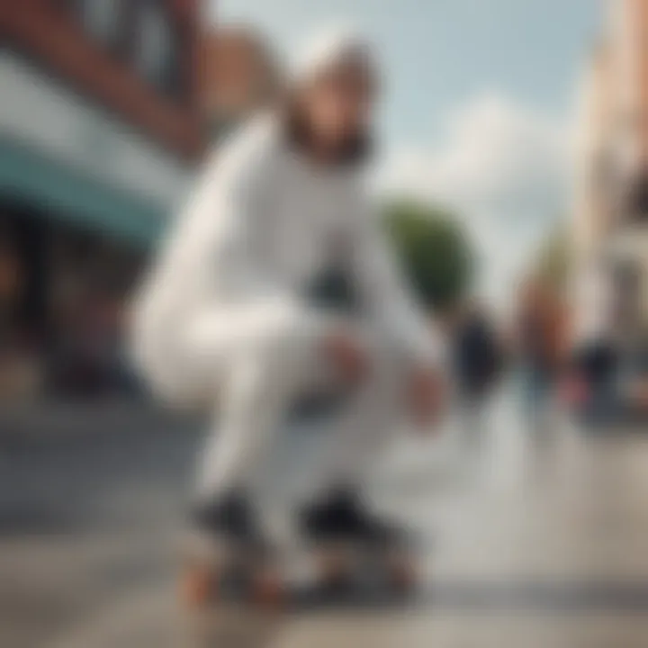 Skateboarder wearing a white Dickies beanie in an urban setting