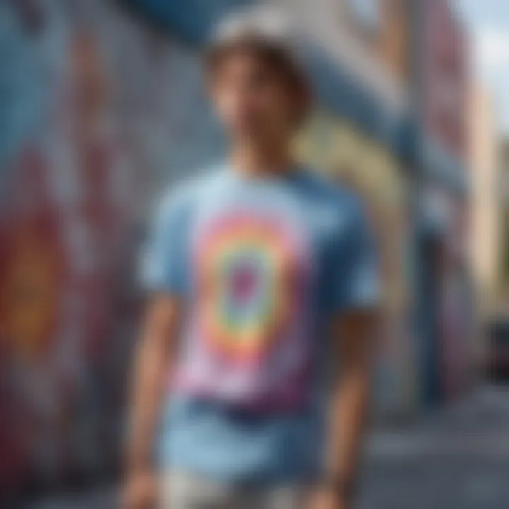 Skateboarder wearing a tie dye crop t-shirt in an urban setting