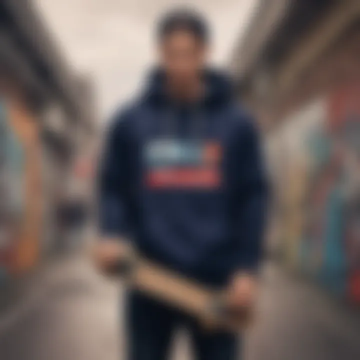 The Tommy hoodie displayed against a backdrop of skateboarding equipment.