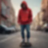 A skater showcasing the Tommy hoodie in an urban setting.