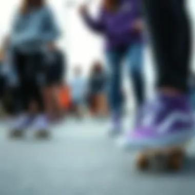 Community and Connection in Purple Vans Group of skaters wearing purple Vans, highlighting community