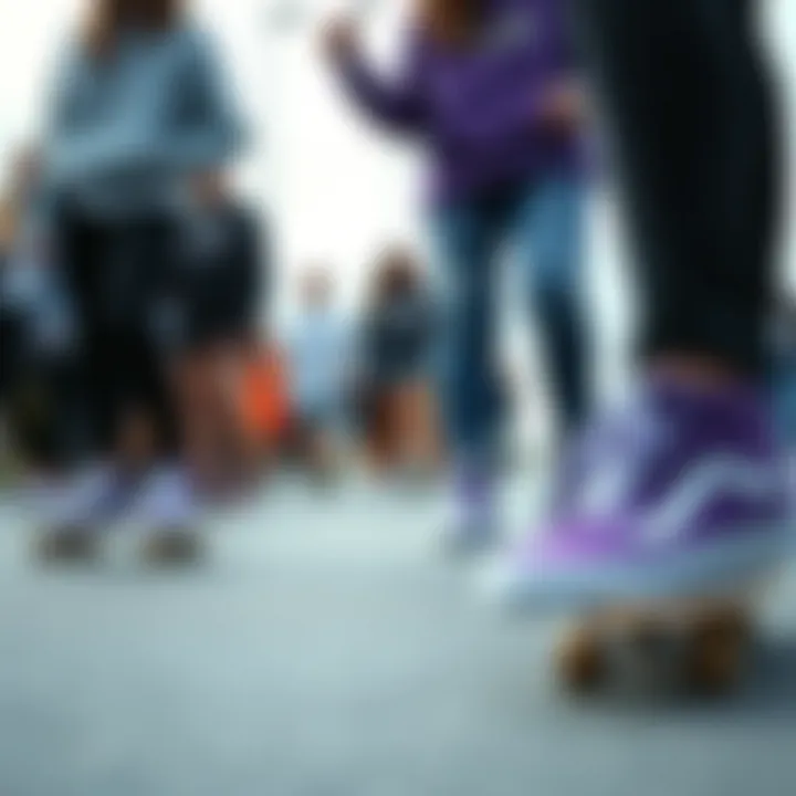 Community and Connection in Purple Vans Group of skaters wearing purple Vans, highlighting community