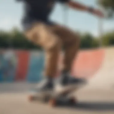 A skateboarder wearing chinos performing a trick in a skate park