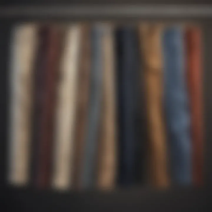 A collection of various styles of chino pants displayed on hangers